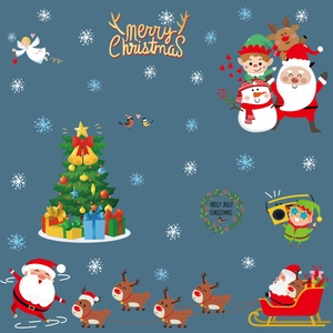 Colorful Christmas window stickers featuring Santa Claus, reindeer, and festive decorations