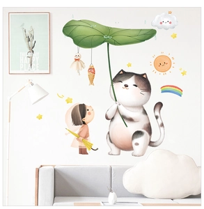 Detail of cute cat and girl wall stickers in a cozy living room with rainbow and clouds