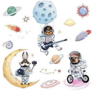 Cartoon space astronaut wall stickers with dog, rabbit, and bear for kids nursery room