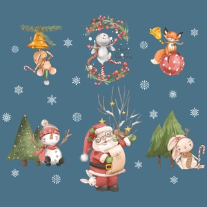 Watercolor Christmas wall stickers featuring Santa, cute rabbits and animals for windows