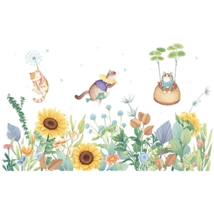 Cartoon cat wall stickers with sunflowers and dandelions for kids room decoration