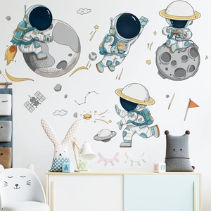 Cartoon astronaut and planet space wall stickers set for children room decoration