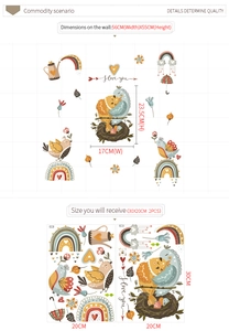 Cartoon birds and rainbow wall stickers detail showing layout size and DIY layout dimensions