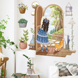 Pastoral wall decal set featuring a girl opening a wooden door and potted plants for home decor