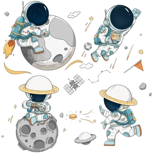 Cartoon astronaut wall decals set with planets and stars for kids room decor