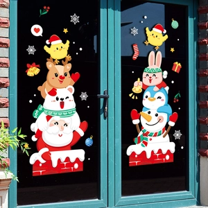Cartoon Christmas Santa Claus Snowman Static Window Stickers Double Sided Printing Reindeer Polar Bear Glass Decals Home Decor