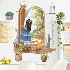 Pastoral wall stickers featuring a girl, cat, and potted plants for home wall decoration