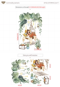 Detail showing tropical plant wall stickers with girl on swing and layout dimensions