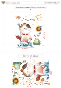 Detail view of Maneki-neko wall sticker layout and applied size on a bedroom wall