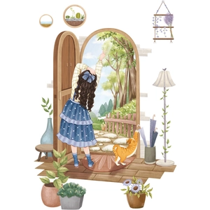 Pastoral girl wall decal with window landscape and potted plant vine decorative stickers
