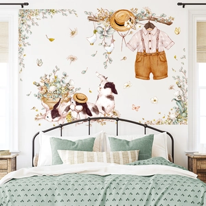 Pastoral Watercolor Rabbit And Children's Clothes Wall Stickers PVC Waterproof Botanical Flower Green Plants Nursery Kids Room Decor Wall Decal
