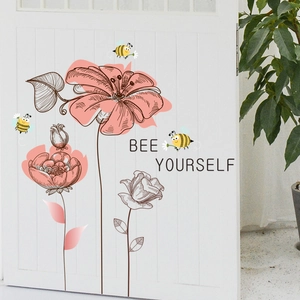 Floral wall decal with bees and Bee Yourself quote on white door for home decoration