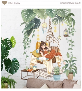Detail showing a girl in a hanging chair with tropical plants wall stickers on white wall