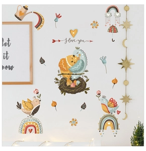 Detail of cartoon bird wall stickers with rainbow and I love you text for kids room decor