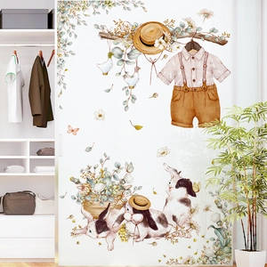 Cartoon dog and plant wall stickers on white wardrobe for kids bedroom decoration