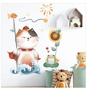 Japanese lucky cat wall stickers with cute frog and sunflower illustration in kids room