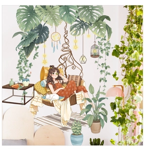 Detail of wall sticker showing a girl resting on a hammock with green plants and cat