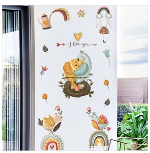 Detail of boho style cartoon wall stickers with rainbow, bird and I love you text stickers