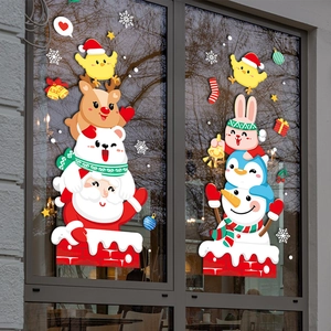 Christmas window decals featuring Santa, snowman and cartoon animals for festive glass decor