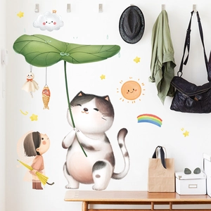 Waterproof cute cat and rainbow wall decals for children's room decor in hand-drawn style