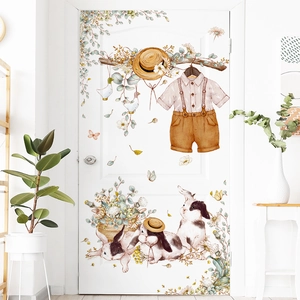 Cartoon dog and plant wall stickers for kids' room decor with cute rabbit patterns