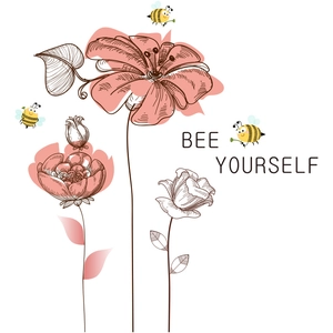 Minimalist floral wall sticker with bees and Bee Yourself motivational typography