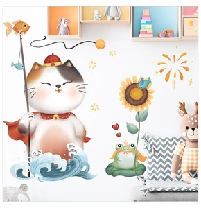 Detail of cartoon lucky cat and frog wall stickers with sun flowers on a white wall