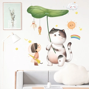 Cartoon girl and cat wall stickers with rainbow and clouds in a cozy living room decor