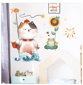 Japanese lucky cat wall decals with fishing cat and frog for bedroom decoration