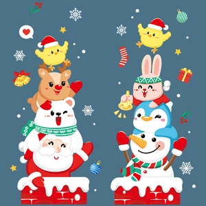 Cartoon Christmas window stickers featuring Santa Claus and snowman on blue background