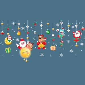 Festive Christmas window stickers featuring Santa, reindeer and penguins on blue background