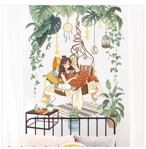 Detail view of decorative wall sticker with girl in hanging chair and green plants