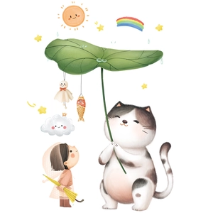 Waterproof wall stickers with cute cat, rainbow, and girl for children's room decoration