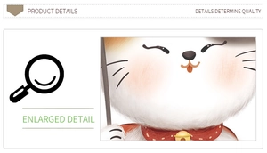 Close-up of Japanese Maneki Neko wall sticker detail with golden bell and cute smile
