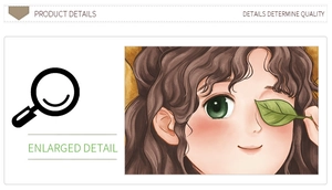 Detailed macro view of cartoon girl illustration wall sticker with green leaf accent