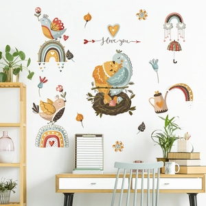 Cartoon Birds Rainbow Removable PVC Wall Stickers DIY Self-Adhesive Decals For Kids Room Nursery Bedroom Decor I Love You Pattern