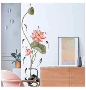 Detail of Chinese style lotus wall decal with ink fish and dragonfly on living room wall
