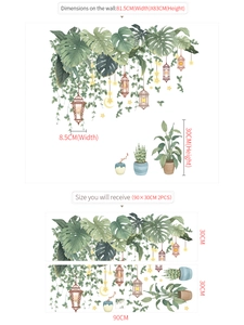 Detailed dimensions of tropical plant wall stickers featuring monstera leaves and lanterns