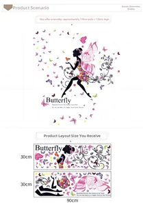 Detail showing two sheets of 30x90cm butterfly fairy wall stickers and finished layout size