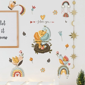 Cartoon birds and rainbow wall stickers set with I love you text for kids room decor
