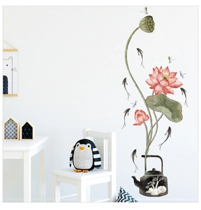 Detail of Chinese ink style lotus wall decals featuring fish, dragonfly and a black teapot