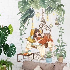 Nordic Fresh Green Plants Girl Wall Sticker Removable PVC Decorative Mural For Bedroom Living Room Sofa Background Home Decor