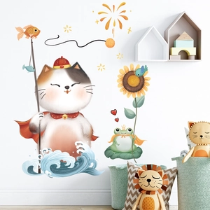 Cute Japanese Lucky Cat wall sticker with sunflower and frog for kid bedroom decor