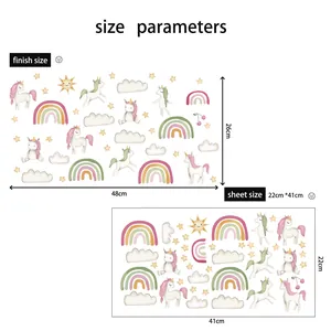 Size chart showing 41x22cm sheet and 48x26cm finished rainbow unicorn wall sticker dimensions