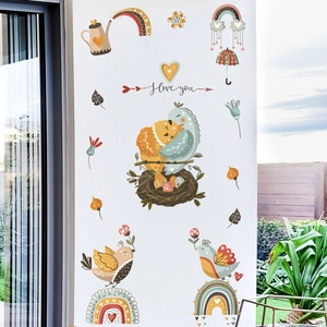 Cartoon birds and rainbow wall decals for nursery room decoration in Morandi colors