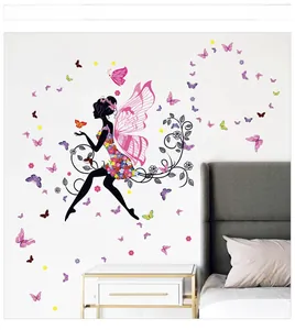 Bedroom wall decor featuring a butterfly fairy silhouette with colorful floral details