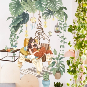 Fresh green botanical wall sticker with girl, monstera leaves and cat in bedroom decor