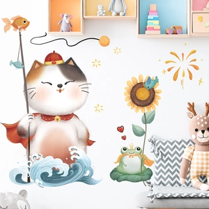 Japanese style Maneki Neko wall decal featuring a lucky cat and frog for bedroom decor