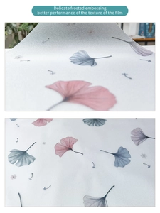 Detail of frosted glass film with pink and blue ginkgo leaf pattern for privacy