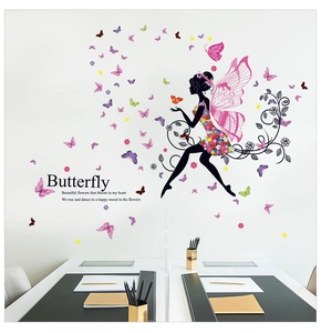 Detail of floral fairy silhouette wall sticker with pink wings and colorful butterflies